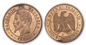 2 ctes Napoléon tête nue 1855 K (Bordeaux) chien