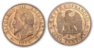 5 ctes Napoléon III tête laurée 1864 K (Bordeaux)