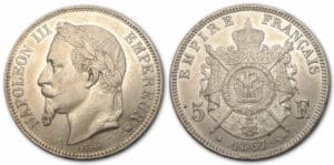 5 frs Napoléon III tête laurée 1867 BB (Strasbourg)
