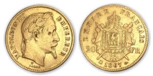 20 frs Napoléon III tête laurée 1867 grand BB (Strasbourg)