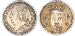 1/4 fr Louis XVIII buste nu 1822 B (Rouen)