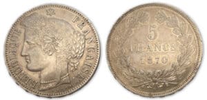 5 frs Cérès sans légende 1870 K (Bordeaux) M à 4 heures