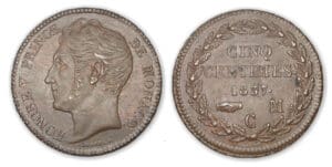 Monaco - Honoré V 5 ctes 1837 MC grosse tête