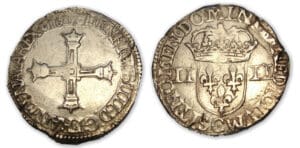 Henri IV - Quart d'écu croix batonnée couronnée 1607 C (Saint-Lô)