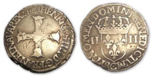 Henri IV - Quart d'écu croix batonnée couronnée 1608 C (Saint-Lô)