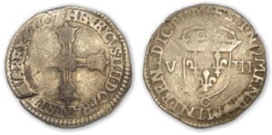 Henri IV - Huitième d'écu croix batonnée couronnée 1607 C (Saint-Lô)