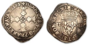 Henri IV - Quart d'écu croix feuillue 1591 L (Bayonne)