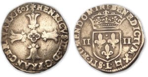 Henri IV - Quart d'écu croix feuillue 1605 L (Bayonne)