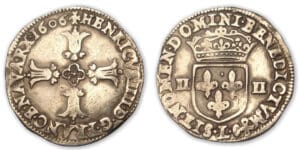 Henri IV - Quart d'écu croix feuillue 1606 L (Bayonne)