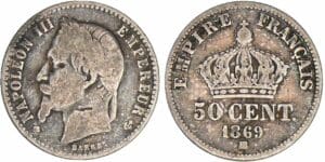 50 centimes Napoléon III tête laurée - 1869 BB (Strasbourg)
