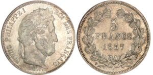 5 francs Louis-Philippe Ier - tête laurée - 2ème type 1837 W (Lille)