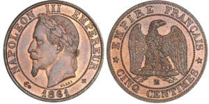 5 centimes Napoléon III tête laurée - 1861 BB (Strasbourg)