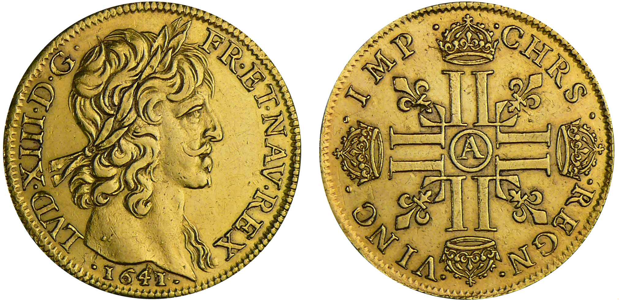 Louis XIII - Double louis d’or au buste nu, mèche courte - 1641 A (Paris) Louis XIII - Double louis d’or au buste nu, mèche courte - 1641 A (Paris)