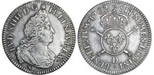 Louis XIV - ½ écu aux insignes - 1702 D (Lyon) flan réformé