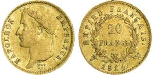 20 francs Napoléon revers empire - 1814 W (Lille)