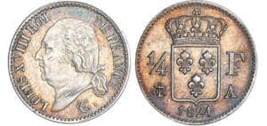 1/4 de franc Louis XVIII au buste nu - 1824 A (Paris)
