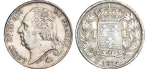 1 franc Louis XVIII au buste nu - 1824 W (Lille)