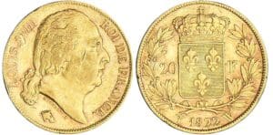 20 francs Louis XVIII au buste nu - 1822 W (Lille)