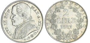 Italie - Vatican - Pie IX (1866-1870) - 2 lire 1867 An XXII (Rome)