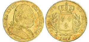 20 francs Louis XVIII au buste habillé - 1815 L (Bayonne) tulipe verticale 20 francs Louis XVIII au buste habillé - 1815 L (Bayonne) tulipe verticale