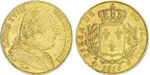 20 francs Louis XVIII au buste habillé - 1815 Q (Perpignan) grappe verticale 20 francs Louis XVIII au buste habillé - 1815 Q (Perpignan) grappe verticale