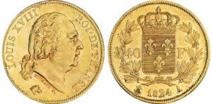 40 francs Louis XVIII au buste nu - 1824 A (Paris) sans point 40 francs Louis XVIII au buste nu - 1824 A (Paris) sans point