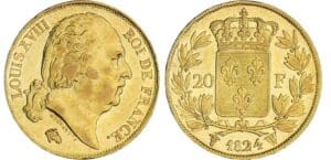 20 francs Louis XVIII au buste nu - 1824 W (Lille)