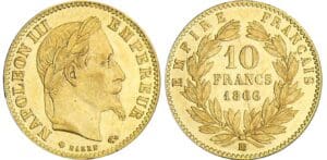 10 francs Napoléon III tête laurée - 1866 BB (Strasbourg) petit BB 10 francs Napoléon III tête laurée - 1866 BB (Strasbourg) petit BB