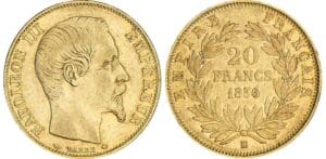 20 francs Napoléon III tête nue - 1856 BB (Strasbourg) levrette 20 francs Napoléon III tête nue - 1856 BB (Strasbourg) levrette