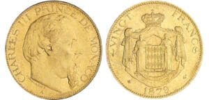 Monaco - Charles III - 20 francs 1879 A (Paris) ancre simple