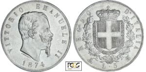 Italie - Vittorio Emanuele II - 5 lire 1874 M (Milan)