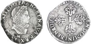 Louis XIII (1610-1643) - ½ franc au buste enfantin, tête laurée, col fraisé - 1615 M (Toulouse) Louis XIII (1610-1643) - ½ franc au buste enfantin, tête laurée, col fraisé - 1615 M (Toulouse)