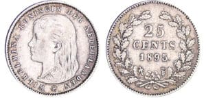Pays-Bas - Wilhelmina - 25 cent 1895 différent incliné