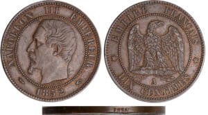10 centimes Napoléon III tête nue - 1852 A (Paris) essai en creux sur la tranche 10 centimes Napoléon III tête nue - 1852 A (Paris) essai en creux sur la tranche