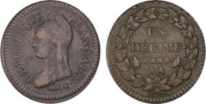 Directoire (1795-1799) - 1 décime Dupré - grand module An 8 AA (Metz) avers de la 5 centimes
