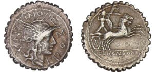 Pomponia - Denier serratus (118 av. J.-C.)