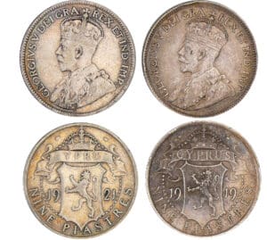 Chypre - lot de 2 monnaies de 9 piastres 1919 et 1921