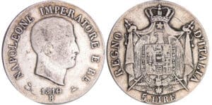 Italie - Règne d'Italie - 5 lire 1er type - Tranche en relief 1810 B (Bologne)