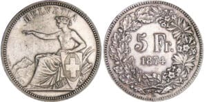 Suisse - 5 francs 1874 B. (Bruxelles)
