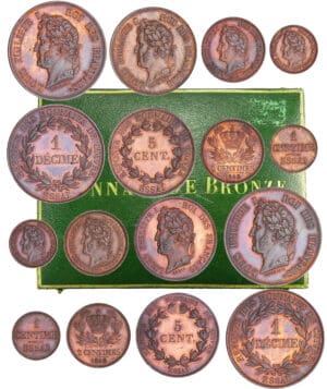 Louis-Philippe Ier (1830-1848) - Coffret contenant la série Piéfort et normal des décimes, 5 ctes, 2 ctes et 1 cte 1840 essai