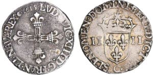 Louis XIII (1610-1643) - ¼ d'écu à la croix fleurdelisée, avers côté croix - 1615 C (Saint-Lô)