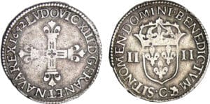 Louis XIII (1610-1643) - ¼ d'écu à la croix fleurdelisée, avers côté croix - 1642 C (Saint-Lô)