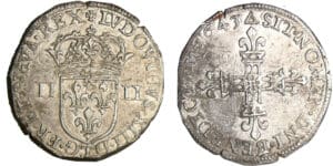 Louis XIII (1610-1643) - ¼ d'écu à la croix fleurdelisée, avers côté d'écu de France - 1643 T (Nantes)