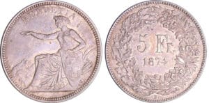 Suisse - 5 francs 1874 B. (Bruxelles)