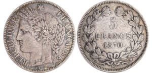 Gouvernement de défense nationale (1870-1871) - 5 francs Cérès sans légende 1870 K (Bordeaux) M à 2 heures