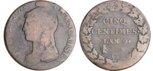 Directoire (1795-1799) - 5 centimes Dupré - grand module - An 9 G (Genève) hybride