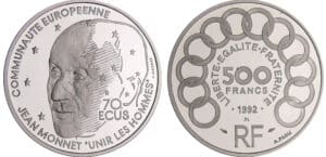 Cinquième république (1959- ) - 70 écus / 500 francs Jean Monnet 1992 platine