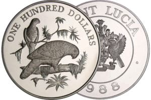 Saint Lucie - Les oiseaux des Caraïbes - 100 dollars 1988 argent