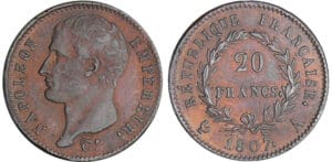 Napoléon 1er (1804-1814) - type transitoire - 20 francs tête nue 1807 A (Paris) épreuve en étain bronzé