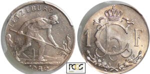 Luxambourg - 1 francs 1946 erreur de frappe, flan éllipsoïdale